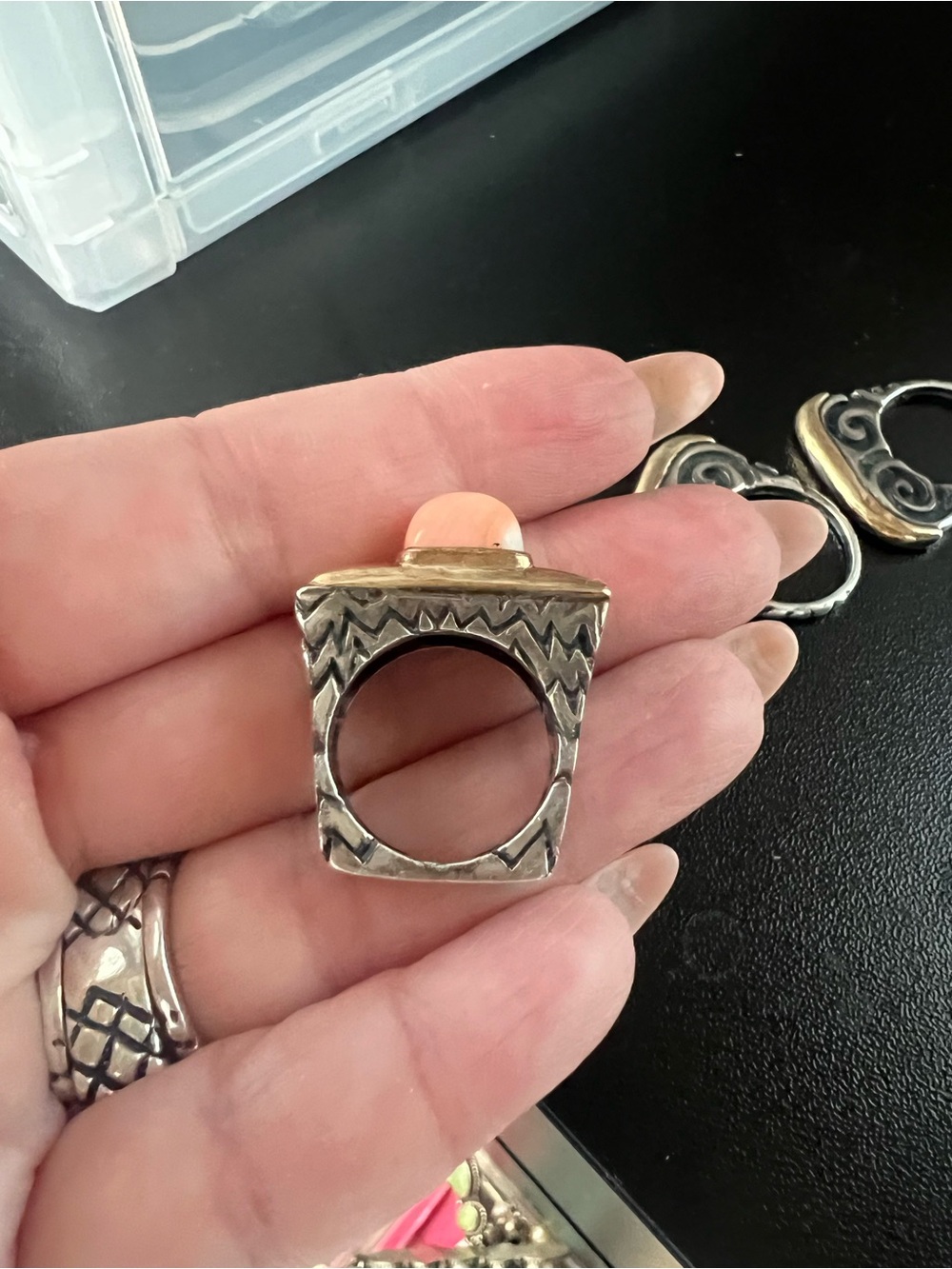 Dian Malouf Two-Tone SS & 14kt Statement Ring with Coral Pink Cabochon - Picture 3 of 10